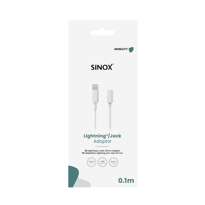 Sinox SX Lightning to 3.5mm headphone adapter white for iPhone and iPad, eco-friendly packaging - Keans Claremorris