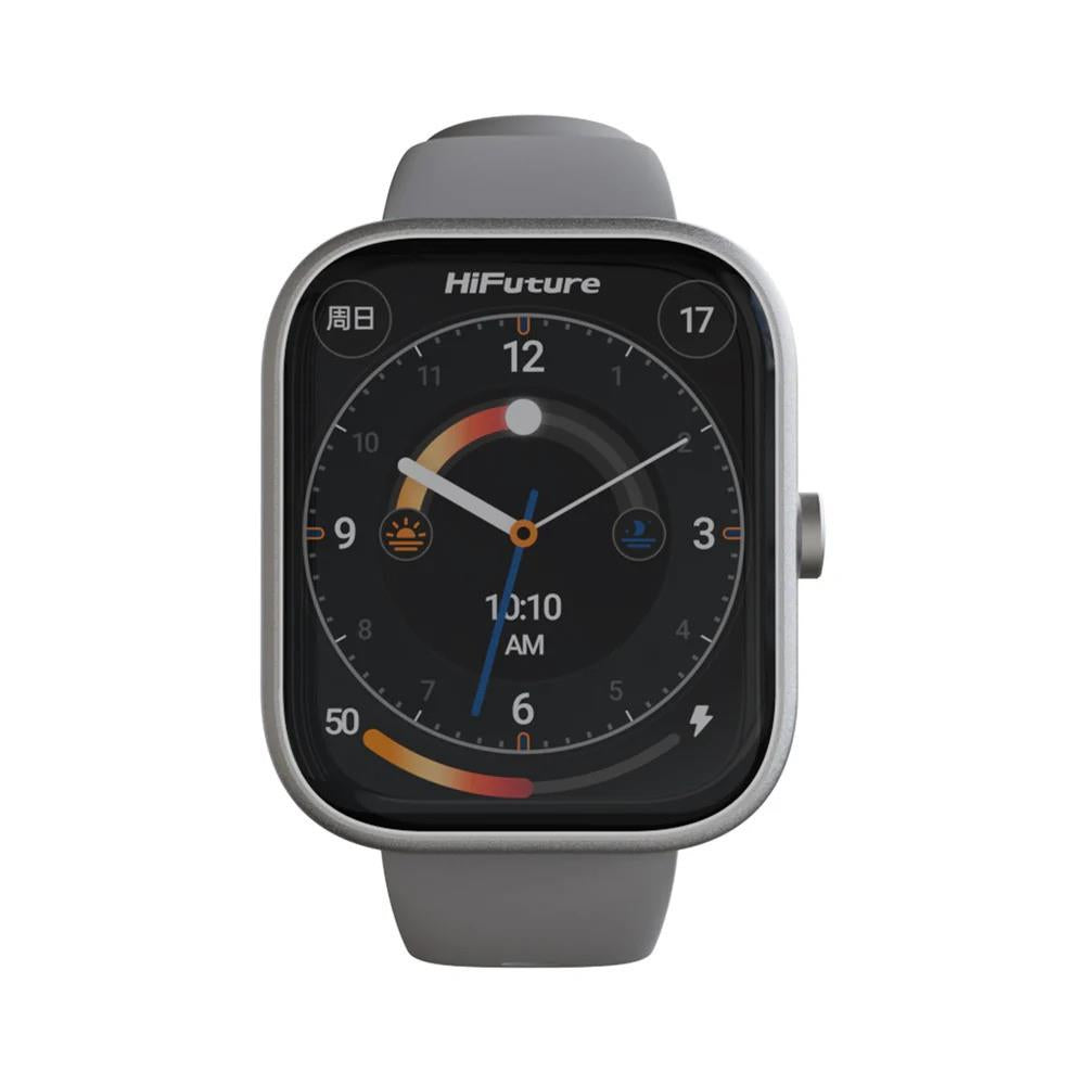 HiFuture Lume smartwatch with grey strap and 1.85" HD display showing analog clock face.