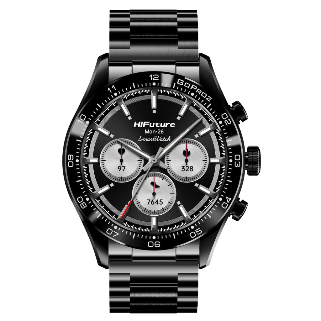 HiFuture Go Pro 2 Smart Watch in black with metal strap and analog-style digital display showing date and step count
