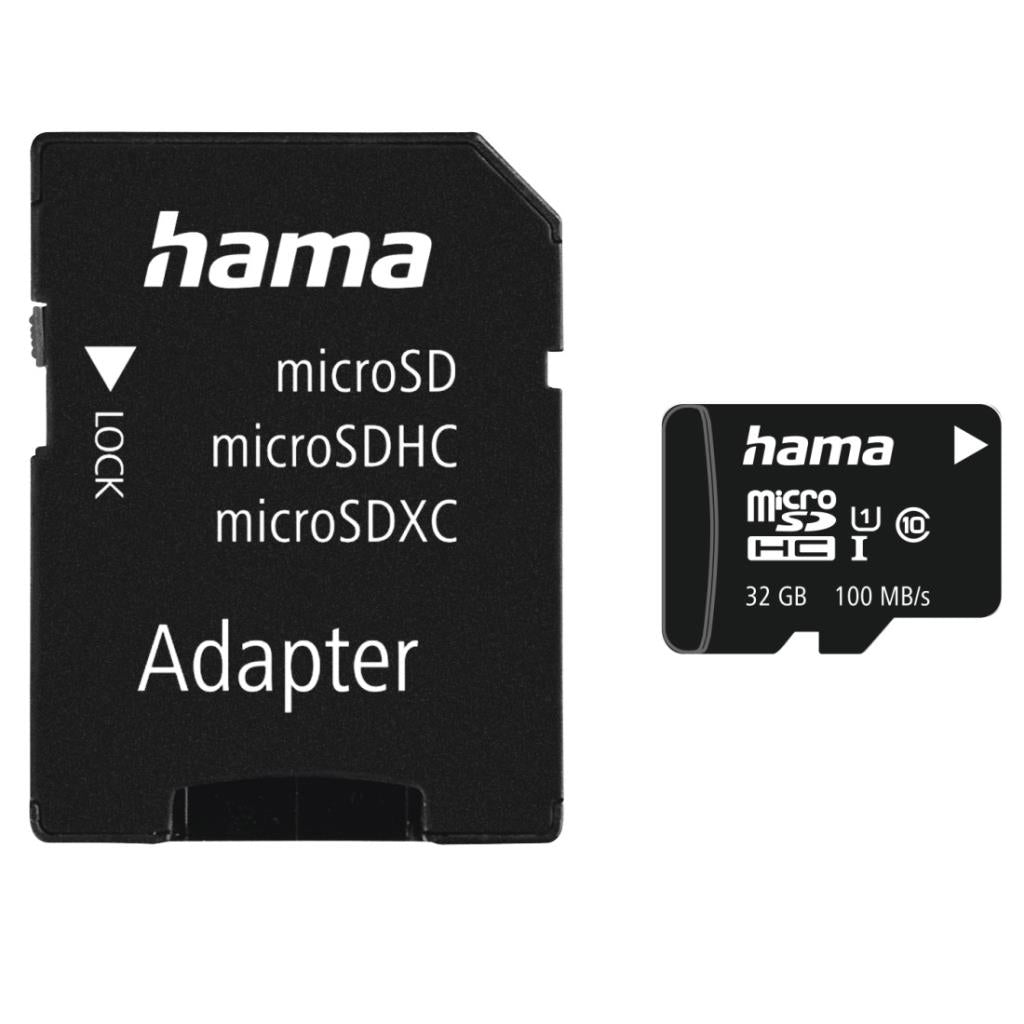 Hama 32GB Class 10 microSD card with 100MB/s speed and black SD adapter showing front labels.