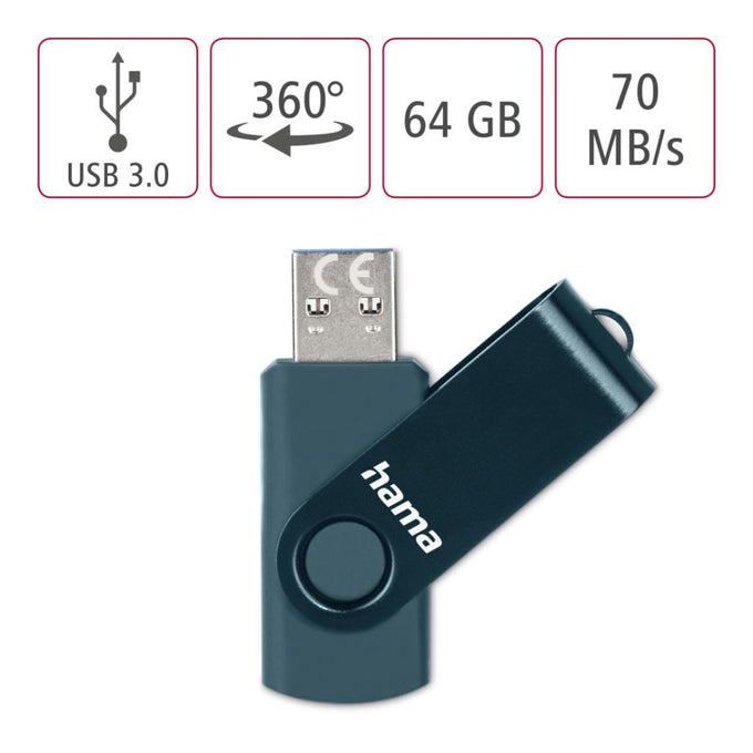 Hama Rotate 64GB USB 3.0 flash drive, 70MB/s, rotating design, keyring eyelet – fast removable storage | Keans Claremorris