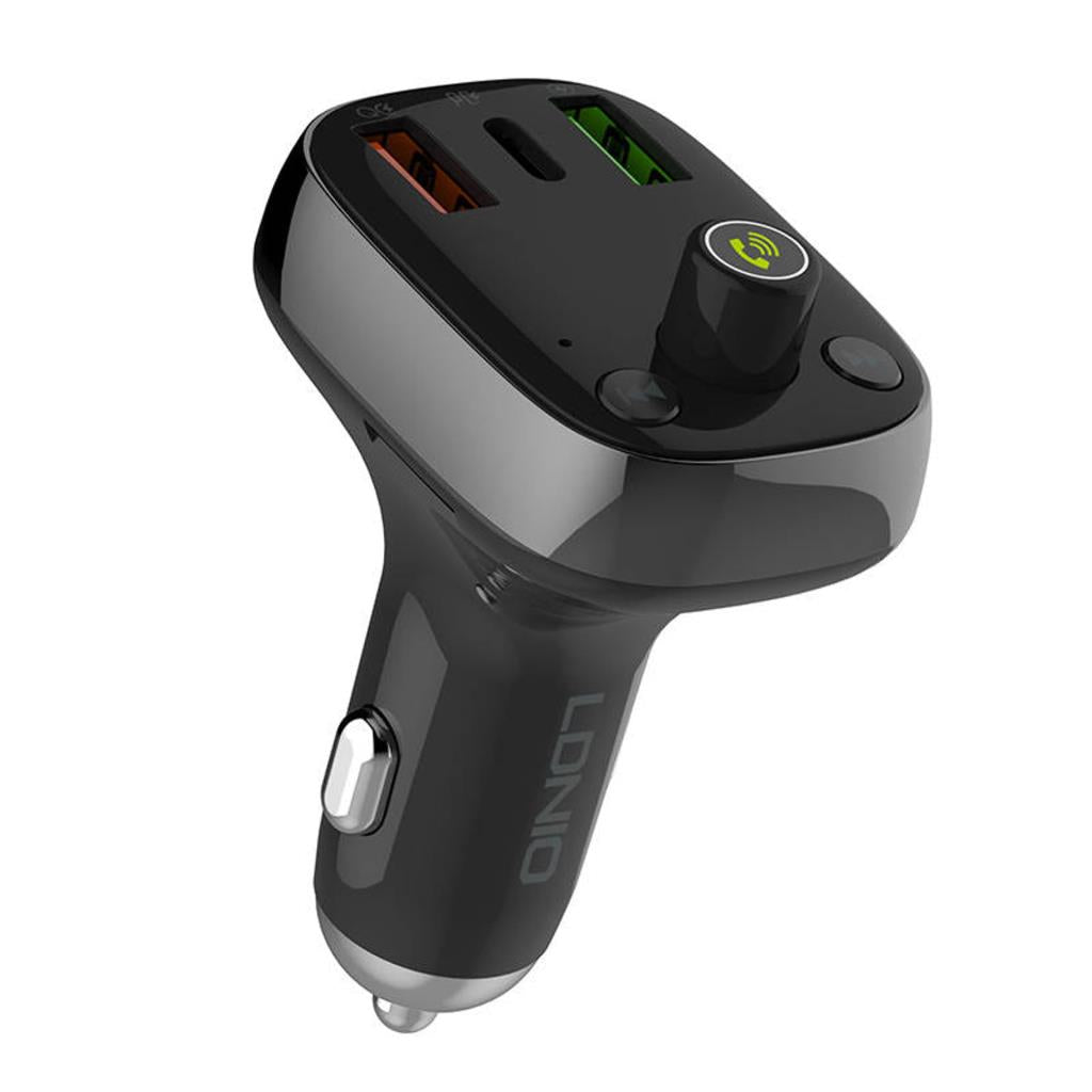 36W BT/FM transmitter with 3 USB ports, black car charger with control knob and call button on top