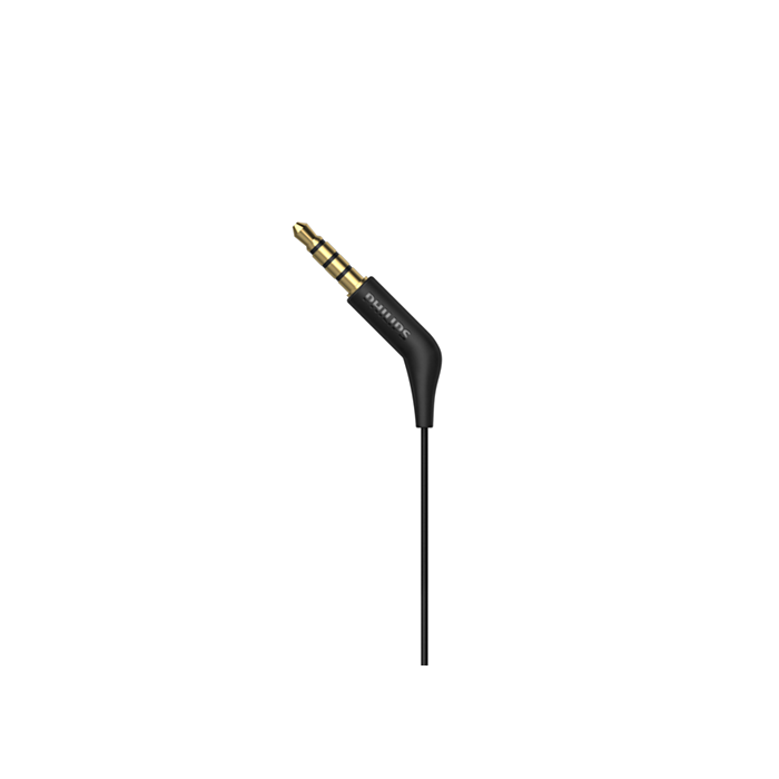 Close-up of the angled gold 3.5mm audio jack on Philips in-ear wired headphones with volume control.