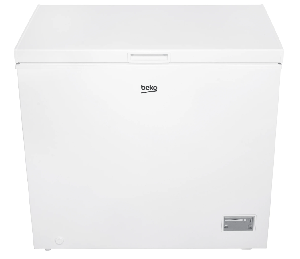 White Beko CF4198W chest freezer with top lid, front handle, and control panel on lower right side.