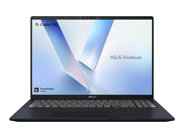 An ASUS Vivobook laptop shown from the front on a plain white background, with the screen turned on and displaying the ASUS logo and abstract blue-and-white wallpaper.