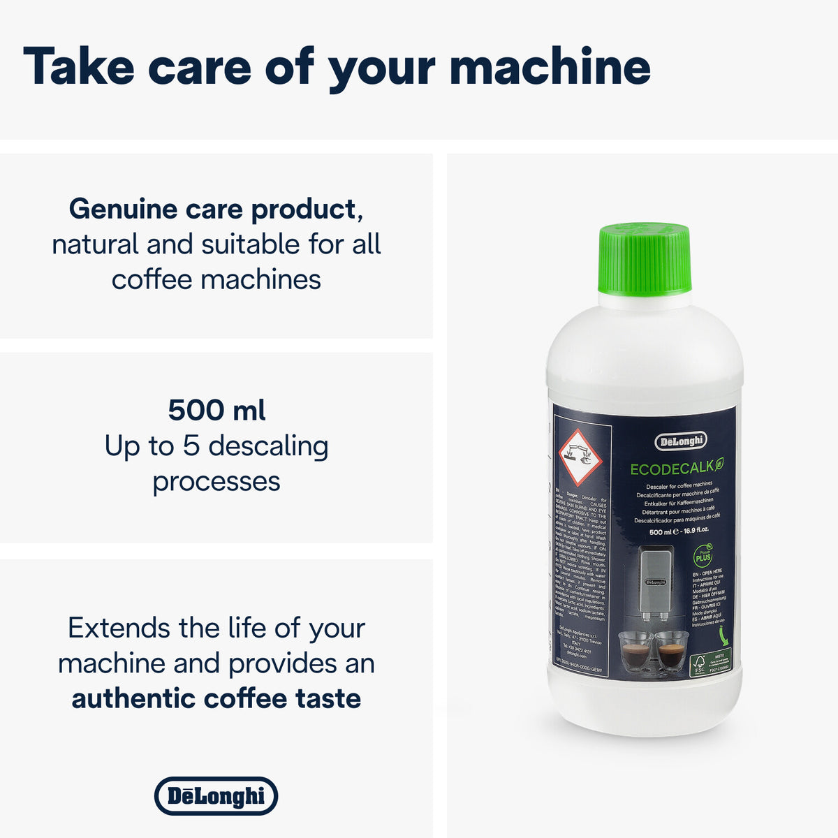DeLonghi Descaler bottle with green cap and dark label showing product details and usage instructions