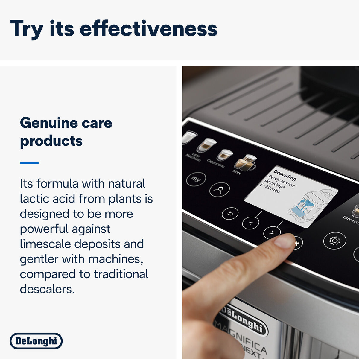 Finger pressing the start button on a DeLonghi coffee machine display showing descaling mode.