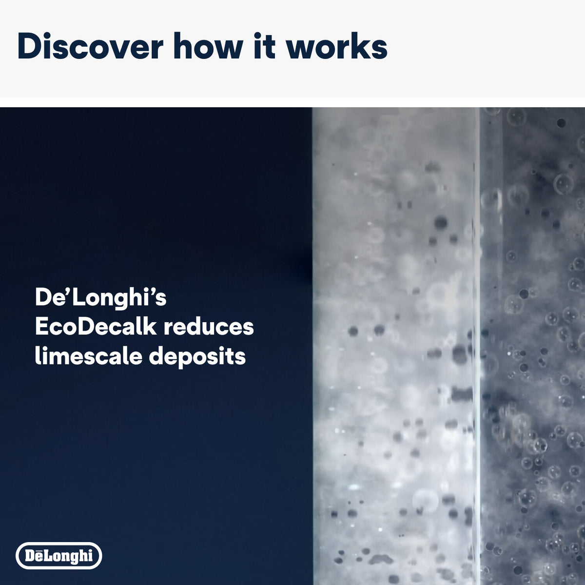 Close-up of bubbles in water demonstrating DeLonghi Descaler reducing limescale deposits