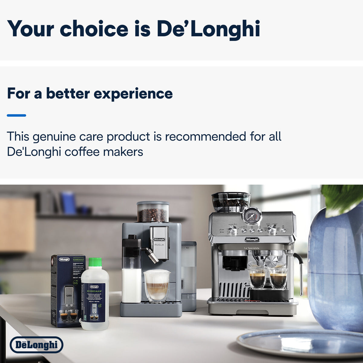DeLonghi Descaler bottle and box placed next to two silver coffee machines on a kitchen counter.