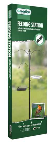 Gardman Decorative Feeding Station with 5 hooks, bird bath, heavy-duty poles, and feeding tray – available at Keans