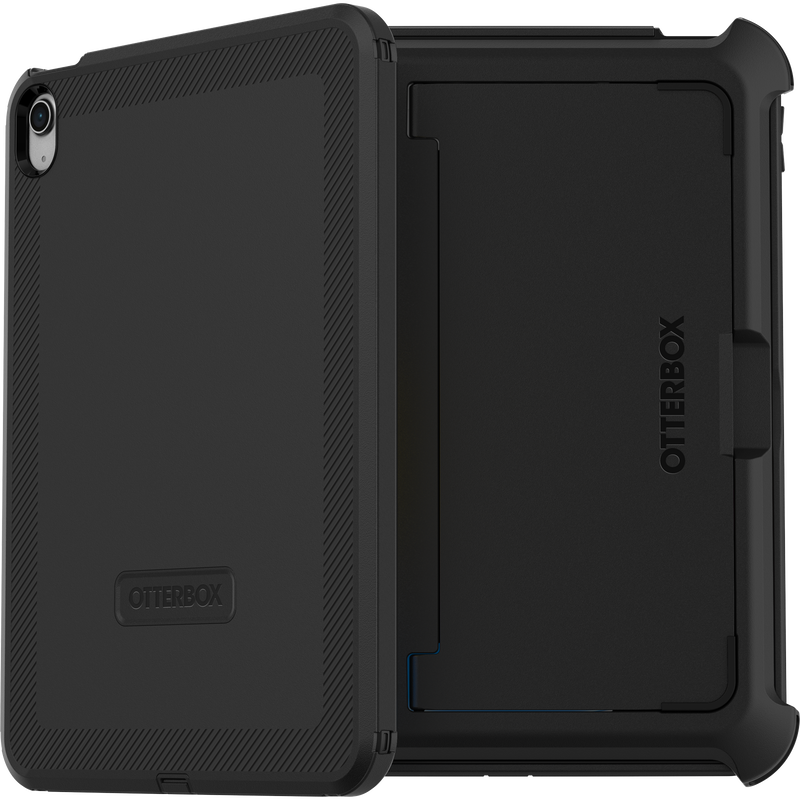 OtterBox Defender black rugged case for iPad 10th Gen shown from back and inside with camera cutout and Apple Pencil holder.