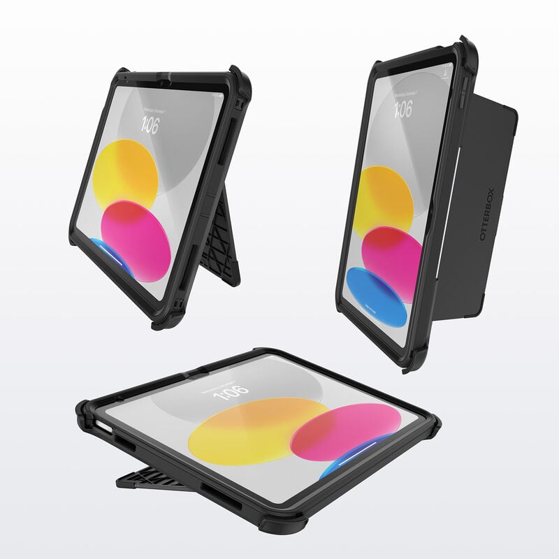 Three views of the black OtterBox Defender Case for Apple iPad 10th Generation with built-in kickstand.