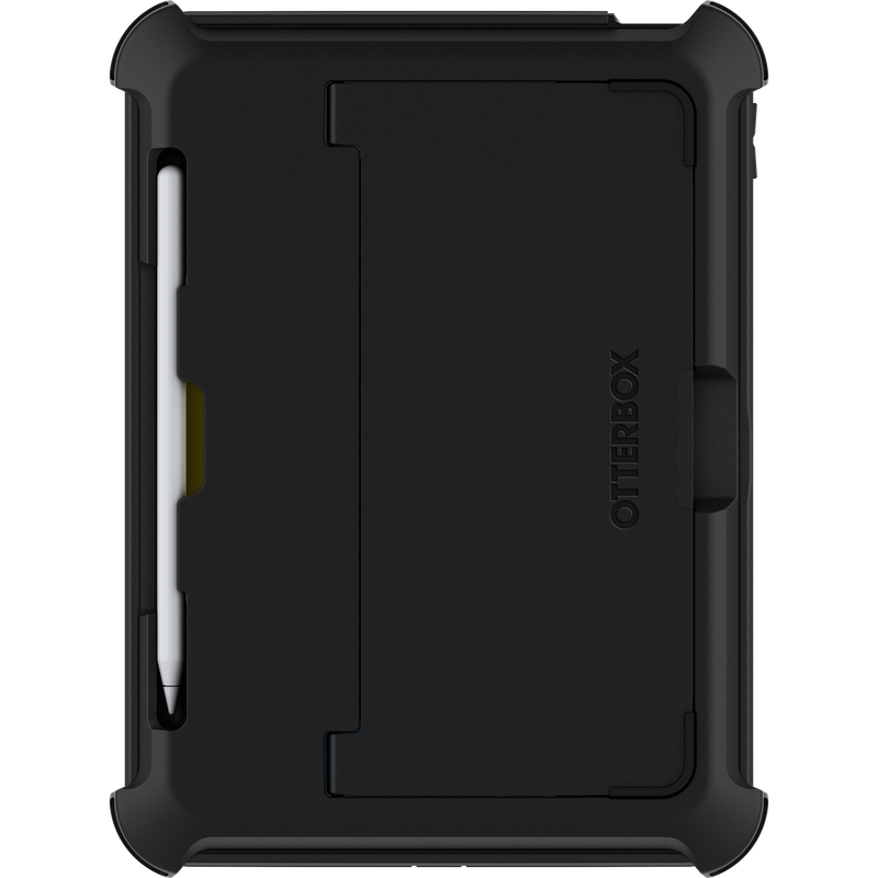 Black OtterBox Defender case for Apple iPad 10th Gen with built-in Apple Pencil holder on the back.