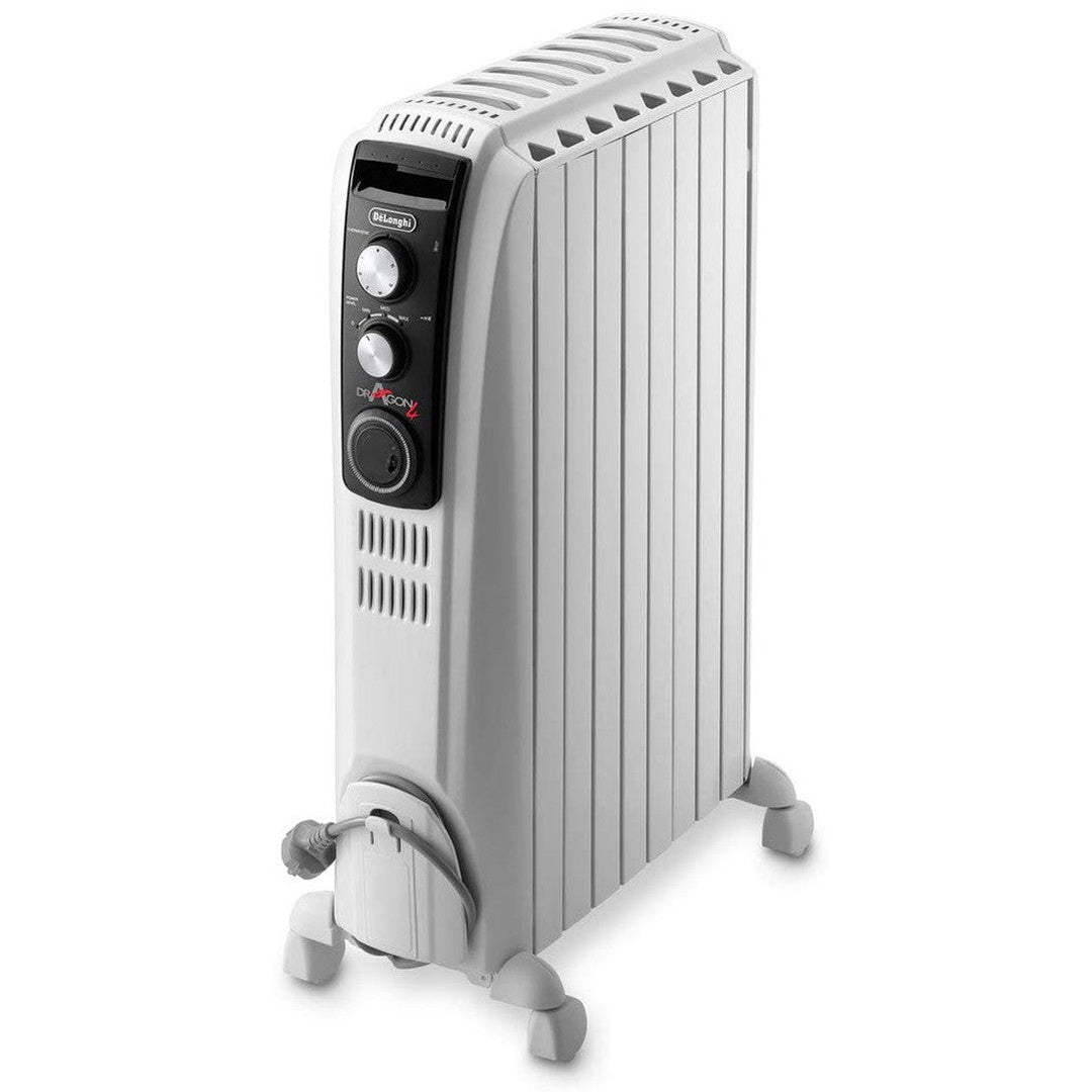 DeLonghi Dragon 4 2kW oil-filled radiator in white with control panel, wheels, and cord storage.