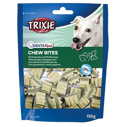 Denta Fun Chew Bites 150g for dogs, parsley & peppermint flavor, supports dental health, fresh breath, resealable bag -