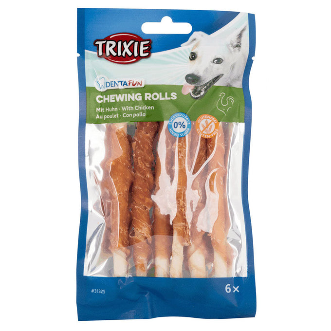 Denta Fun Chicken Chewing Sticks 6x12cm, tough rawhide with chicken coating, gluten-free dental treats for dogs – Keans