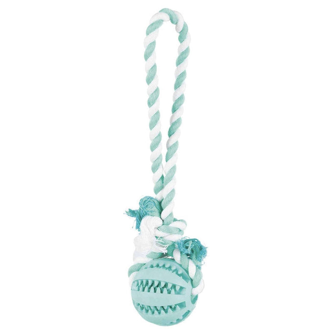 Rubber Denta Fun Ball dog toy with mint flavor, natural rubber ball, cotton rope, gum massager – Keans Claremorris.
