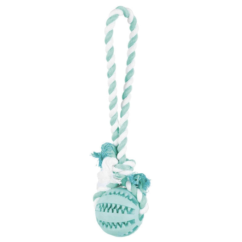 Rubber Denta Fun Ball dog toy with mint flavor, natural rubber ball, cotton rope, gum massager – Keans Claremorris.