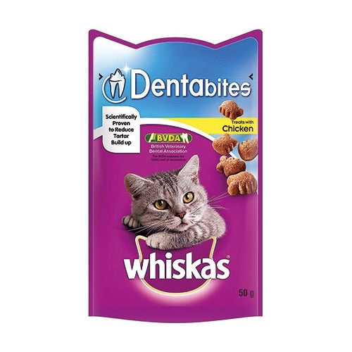 Whiskas Dentabites Chicken Cat Treats 50g - Reduces tartar, VOHC approved dental care, available at Keans Claremorris.