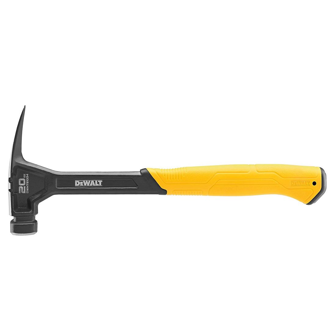 DeWalt Rip-Claw Hammer with black steel head and yellow soft grip handle, side view on white background.