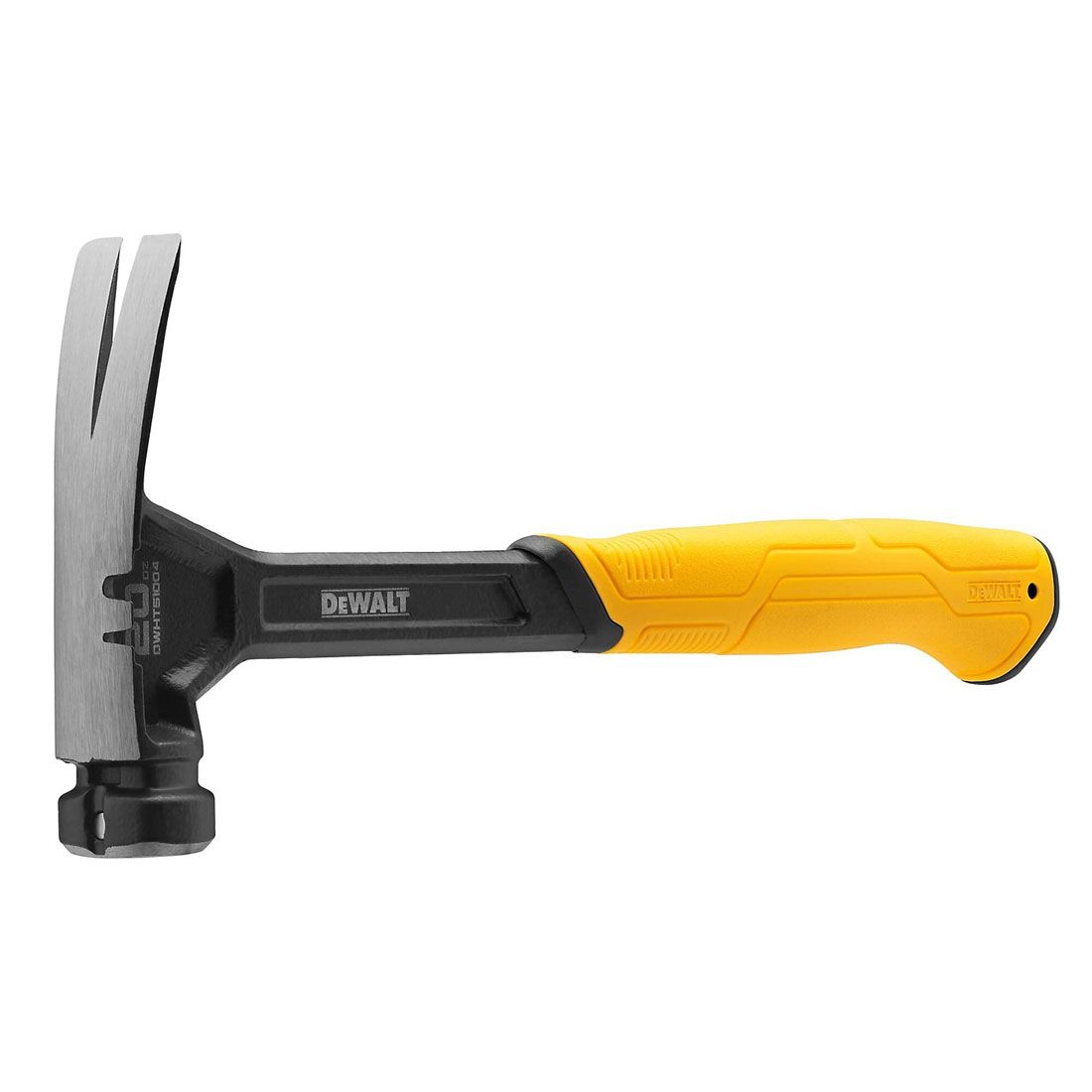 DeWalt 20oz rip-claw hammer with black steel head and yellow ergonomic handle, side view.