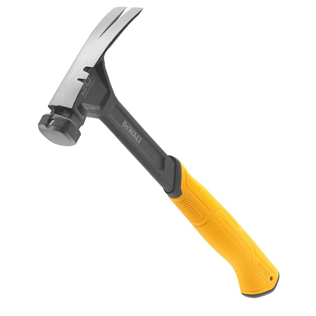 DeWalt 20oz Rip-Claw Hammer with yellow ergonomic handle and steel one-piece head angled to show claw and striking face.
