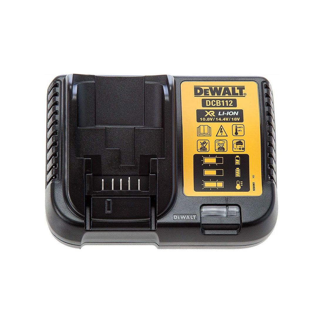 DeWalt DCB112 slim multi-voltage battery charger with yellow label and LED indicator on black casing.