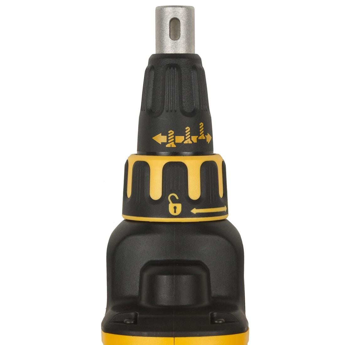 Close-up of a cordless drill chuck with a yellow and black adjustable collar and a silver metal shank, shown on a white background.