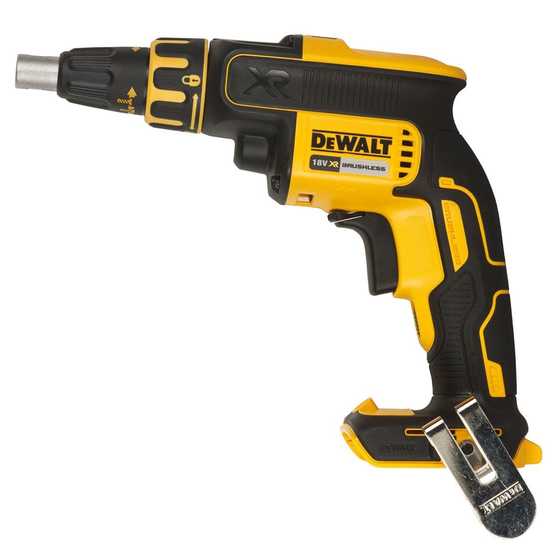 Yellow and black Dewalt cordless drill on a white background