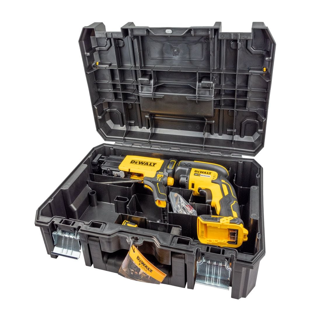 A DeWalt cordless drill and driver kit displayed inside an open black plastic carrying case on a white background.