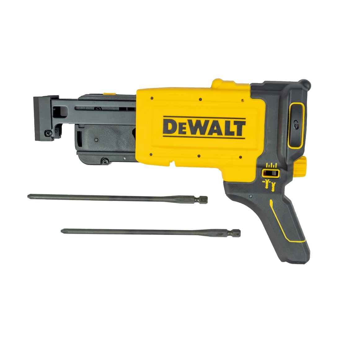 DeWalt cordless nail gun with a yellow and black body, shown with two black metal bits on a plain white background.