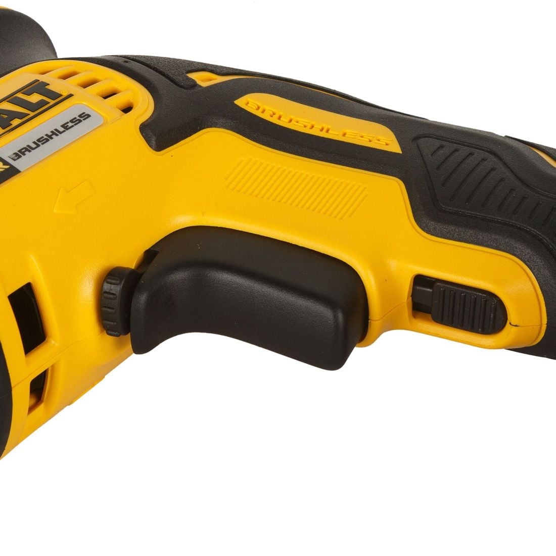 Yellow and black cordless drill on a white background
