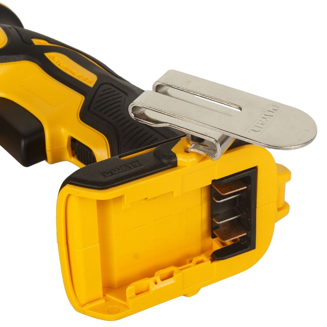 Yellow and black tool with a metal clip on a white background