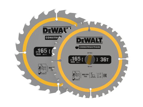 DeWALT DT90270 2-pack 165mm circular saw blades 24T & 36T, carbide teeth, nail-resistant, for cordless saws – Kean’s