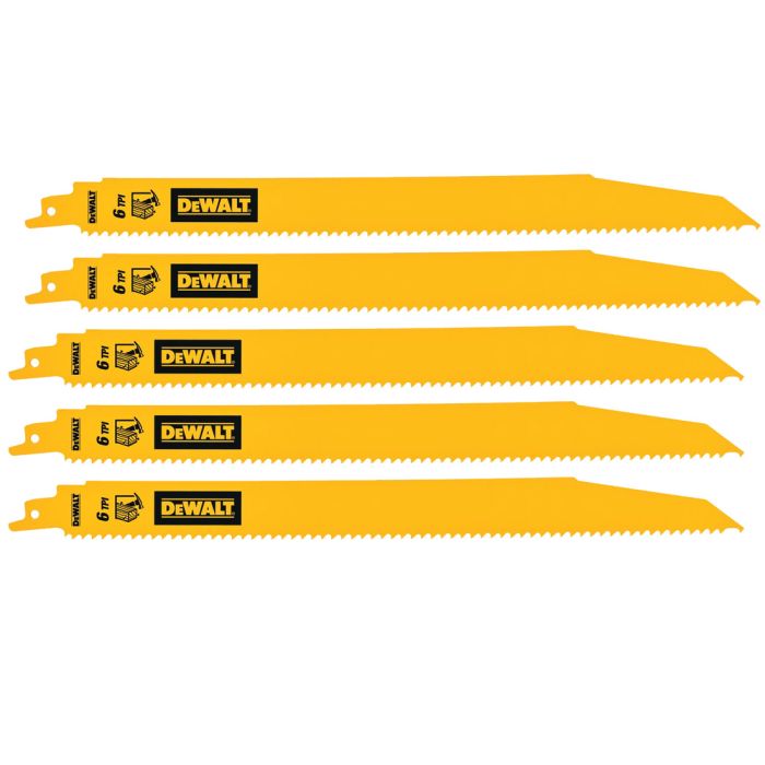 Five yellow DeWalt 304mm bi-metal reciprocating saw blades with 6 TPI teeth, shown side by side.