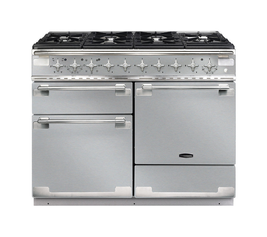 Rangemaster Elise 110 dual fuel range cooker in stainless steel with six burners and three oven doors