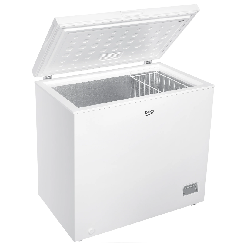 White Beko chest freezer with open lid showing interior and wire basket, model CF4198W, 198 litres capacity.