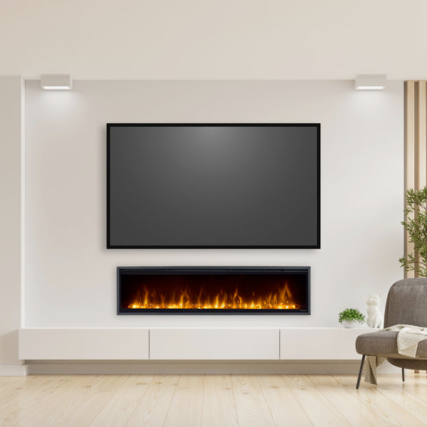 Dimplex Ignite Evolve 60" frameless electric fireplace with edge-to-edge frame installed below a wall-mounted TV in a modern