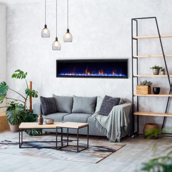 Dimplex Ignite Evolve 60" frameless electric fireplace with blue and orange flames mounted above a gray sofa in a modern