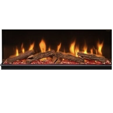 Dimplex Ignite Bold 74 electric fireplace with realistic oak log set and glowing ember effects.