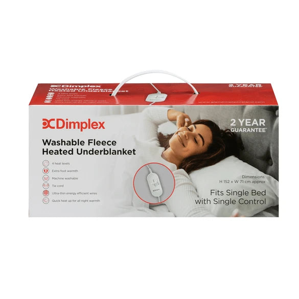 Dimplex washable fleece heated underblanket packaging with product features and woman resting on bed.