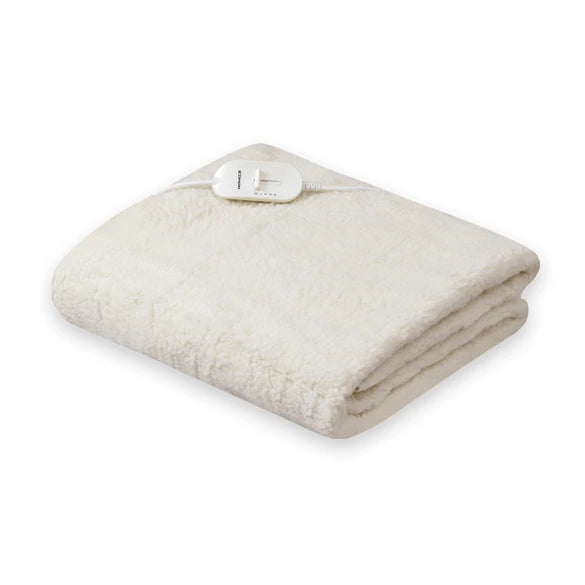 Folded cream Dimplex fleece underblanket with attached white control switch on top