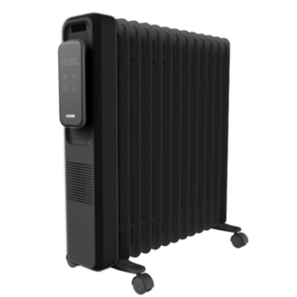 Black Dimplex Smart 2.5 kW oil-filled radiator with digital thermostat and caster wheels, angled view.