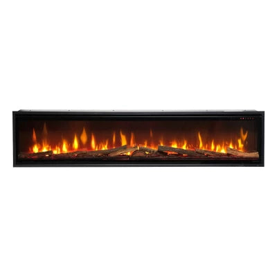 Dimplex Ignite Bold 60" electric fireplace with realistic oak log set and glowing flames in a black frame.