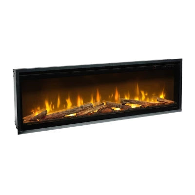 Dimplex Ignite Bold 60" electric fireplace with oak log set and glowing flame effect in black frame