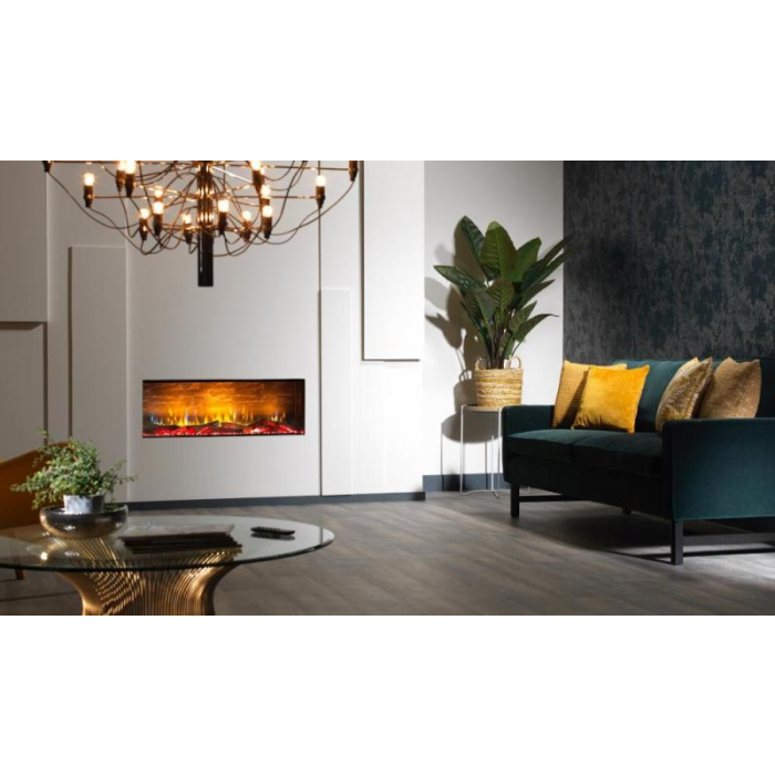 Dimplex Vivente 100 built-in electric fire with glowing flames in a modern living room setting.