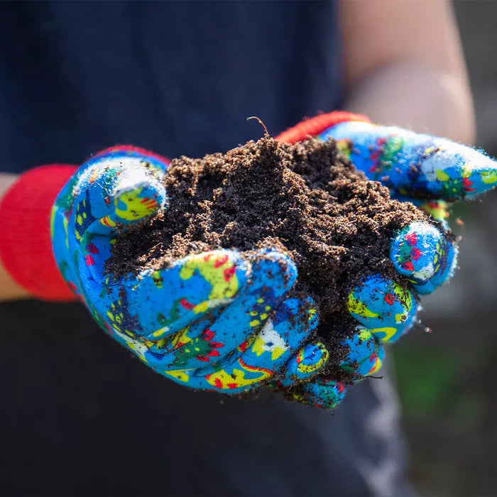Child wearing blue Kent & Stowe dinosaur gardening gloves holding a handful of soil outdoors
