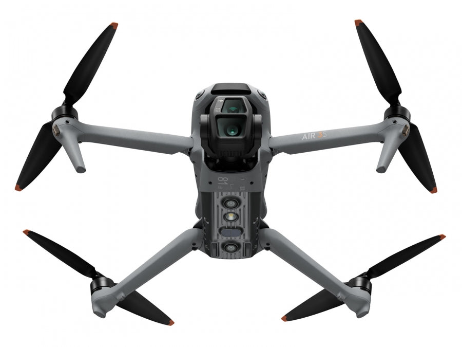 Dji Air 3S drone shown from the bottom with extended arms and four propellers visible.