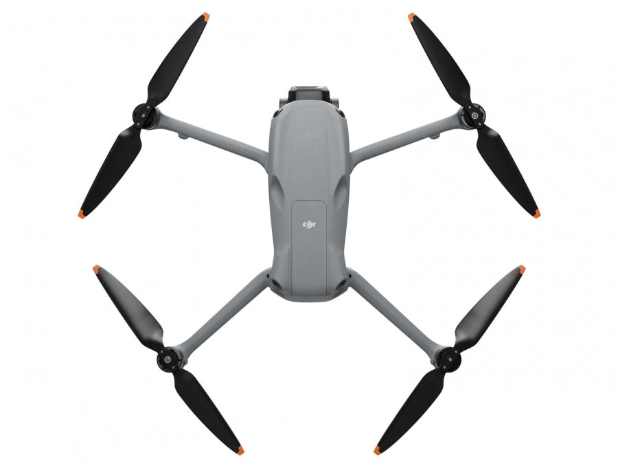 Top-down view of the gray Dji Air 3S Fly More Combo RC 2 drone with four black propellers and orange tips.