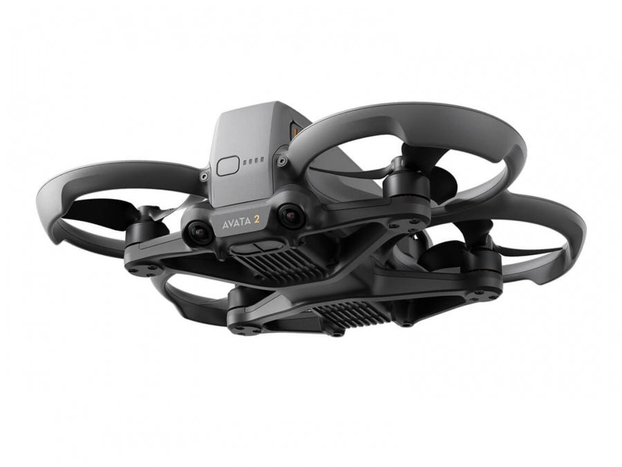 Dji Avata 2 drone shown from below, highlighting propeller guards and front cameras.